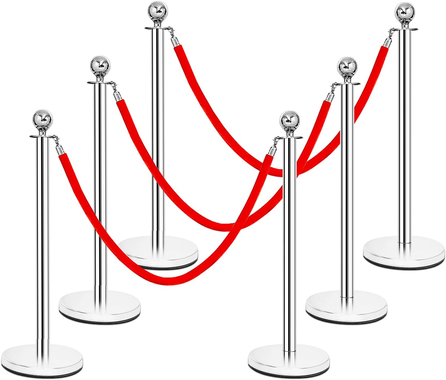 Goplus 6Pcs Stainless Steel Stanchion Set, Stanchions and 5FT Red Velvet Ropes, Round Top Polished Silver Stanchion Posts Queue Line Pole, Crowd Control Safety Barriers for Theaters, Museum, Party