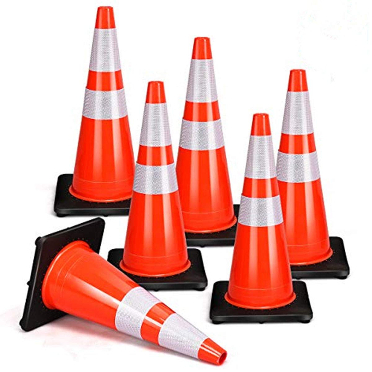 Goplus 6PCS Traffic Cones, 28 PVC Safety Road Parking Cones Driving Construction Cones Weighted Hazard Cones Orange with 6&4 Reflective Strips Collar