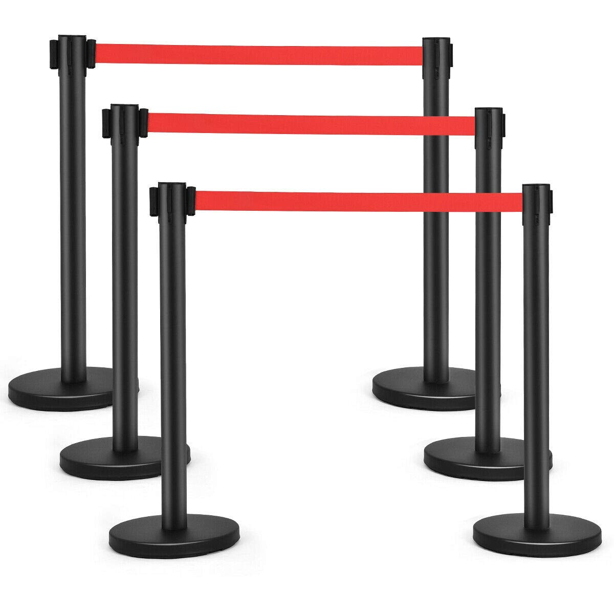 Goplus 6Pcs Stanchions, Crowd Control Barriers with 6.5' Retractable Belt, Stainless Steel Stanchion Posts Queue Line Pole, 35 Height, Easy Connect Assembly (Red)