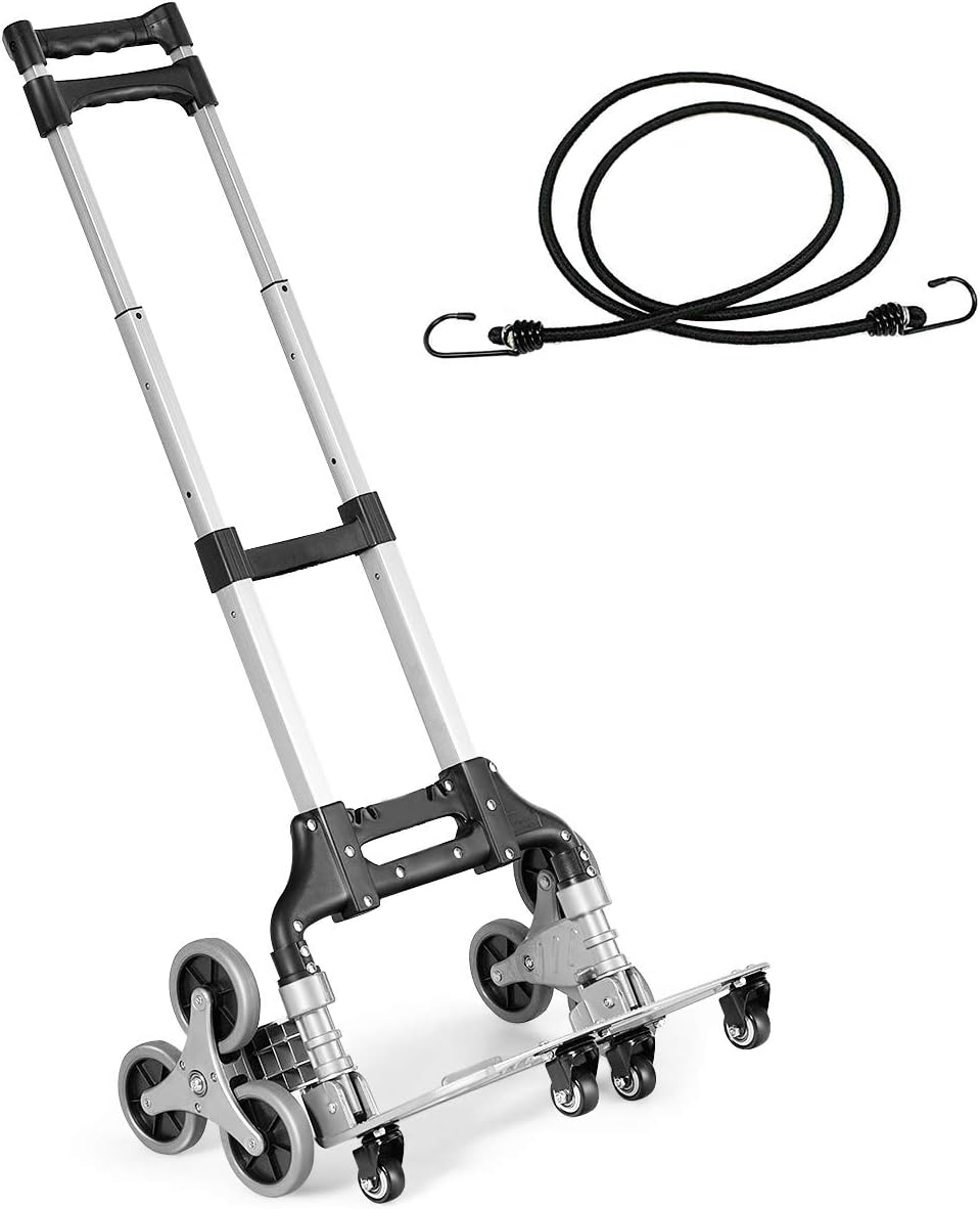 Goplus Stair Climbing Cart, Portable Folding Aluminium Hand Truck Trolley Cart w/Bungee Cord, 6 Wheels, 180 lbs Capacity, Telescoping Handle, All Terrain Stair Climber Dolly for Luggage, Heavy Duty