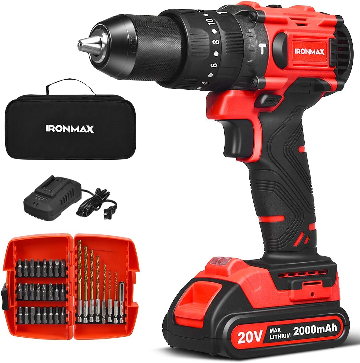 Goplus Cordless Drill, 20V Brushless 1/2 Drill Driver Kit Hammer Drill Set with Battery and Charger, 60N.m Torque, 20 1 1 1 Clutch, 2-Variable Speed, 32pcs Accessories