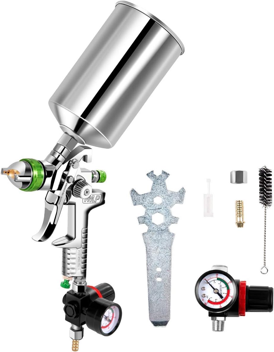 Goplus HVLP Spray Gun, Gravity Feed Paint Gun Auto Paint Air Spray Gun, 2.5mm Nozzle Size 1000 cc Aluminum Cup W/Air Regulator