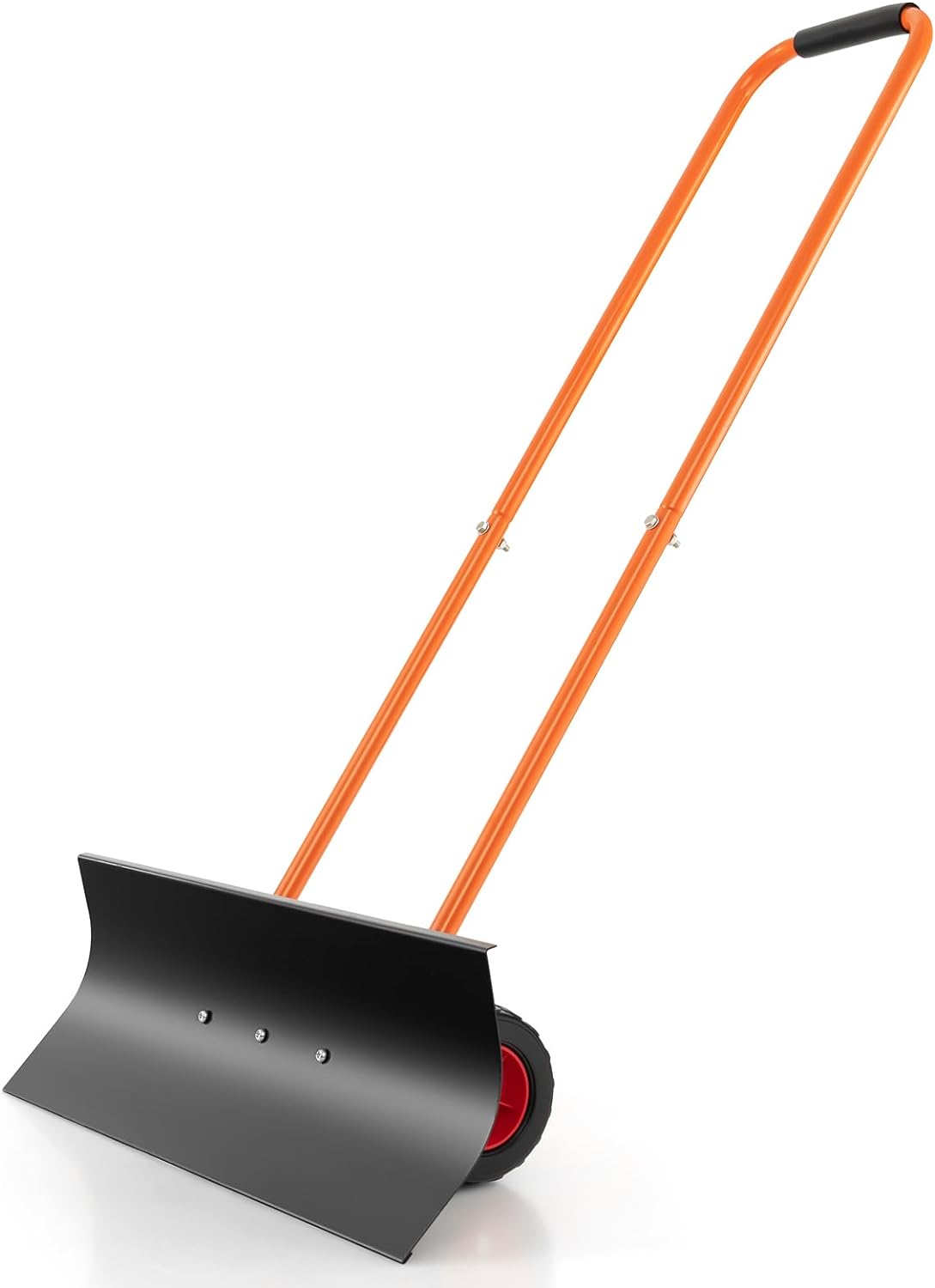 Goplus 30 Snow Shovel with Wheels, Heavy-Duty Snow Plow Shovel w/Ergonomic Adjustable Angle Height for Snow Removal Clear, Wheeled Rolling Snow Pusher for Driveway Garden Pavement (U-Shaped Handle)