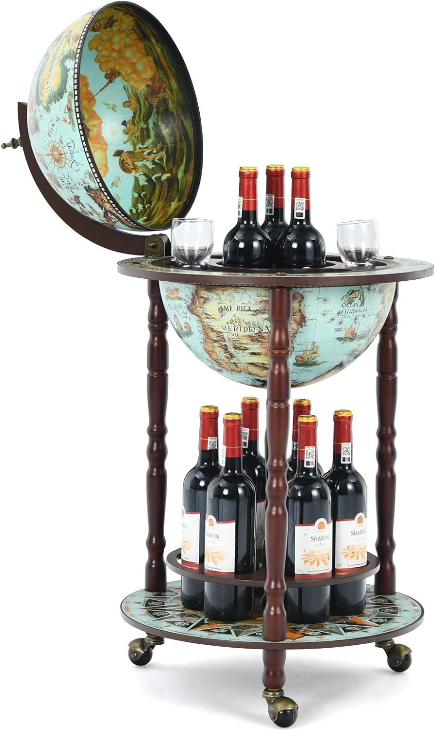 Goplus 14 Globe Wine Bar Stand, 16th Century Italian Replica Wine Cabinet with Wheels, Rustic Wood Liquor Bottle Shelf, Movable Globe Wine Rack Bar Cart for Dining Room & Living Room (Cielo Blue)