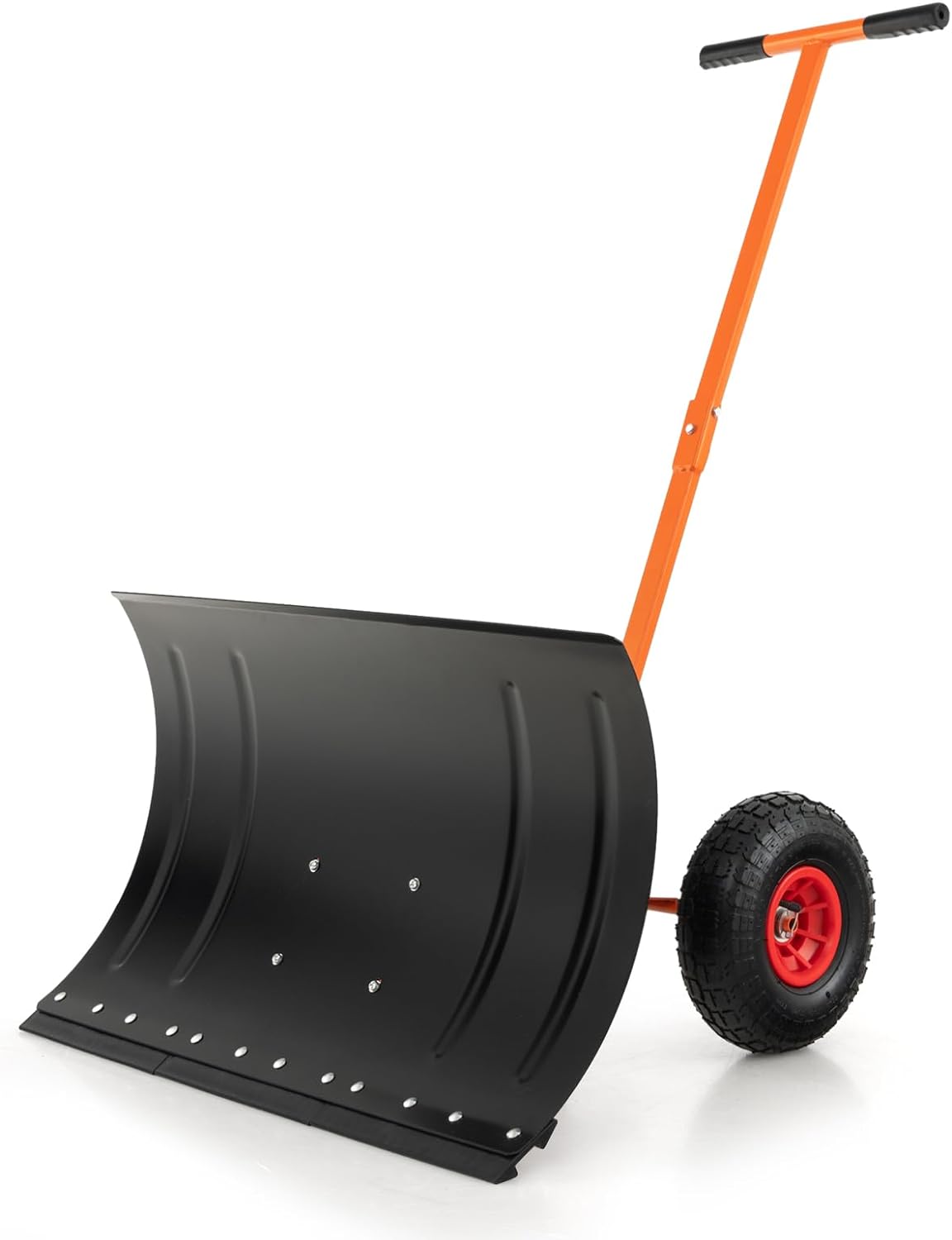 Goplus 29 Snow Shovel for Driveway with Wheels, Heavy-Duty Snow Plow Shovel w/Ergonomic Adjustable Angle Height for Snow Removal Clear, Wheeled Rolling Snow Pusher Garden Pavement (T-Shaped Handle)