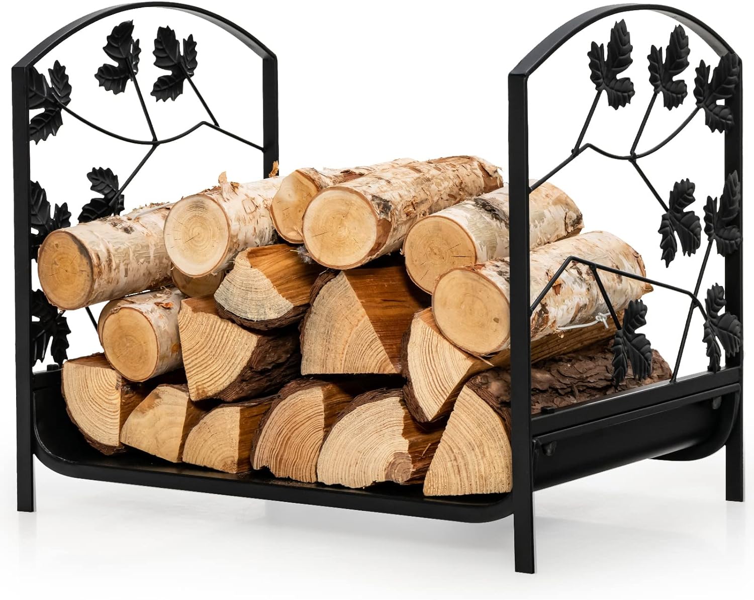 Goplus 19 Small Firewood Rack, Indoor and Outdoor Decorative Firewood Storage Carrier Log Rack with Elegant Leaf Patterns & Raised Legs, Heavy Duty Firewood Holder for Fireplace, Fire Pit