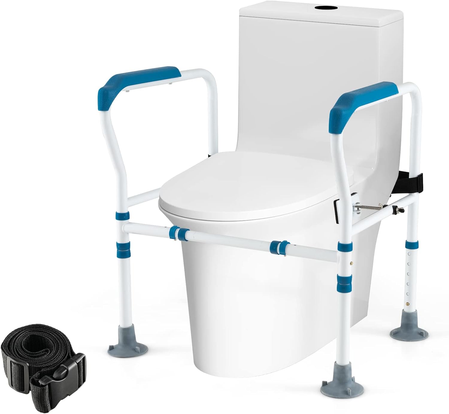 Goplus Toilet Safety Rails, Heavy Duty Toilet Safety Frames & Rails with Handles for Elderly, Handicap and Disabled, Adjustable Width & Height, Extra Fixed Strap, Stand Alone Bathroom Toilet Grab Bar