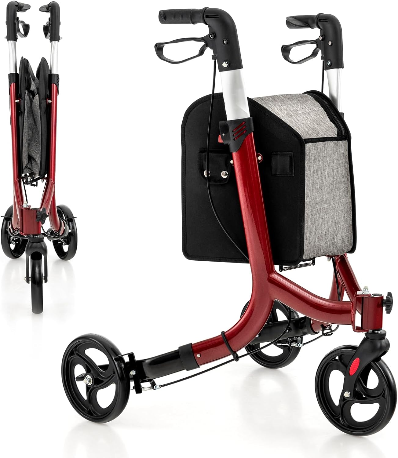 Goplus 3 Wheel Walker for Seniors, Foldable Rollator Walker with Three Wheels, Lightweight Trio Walker with Height Adjustable Handles, Basket Bag, Brakes, Narrow Walker for Small Spaces