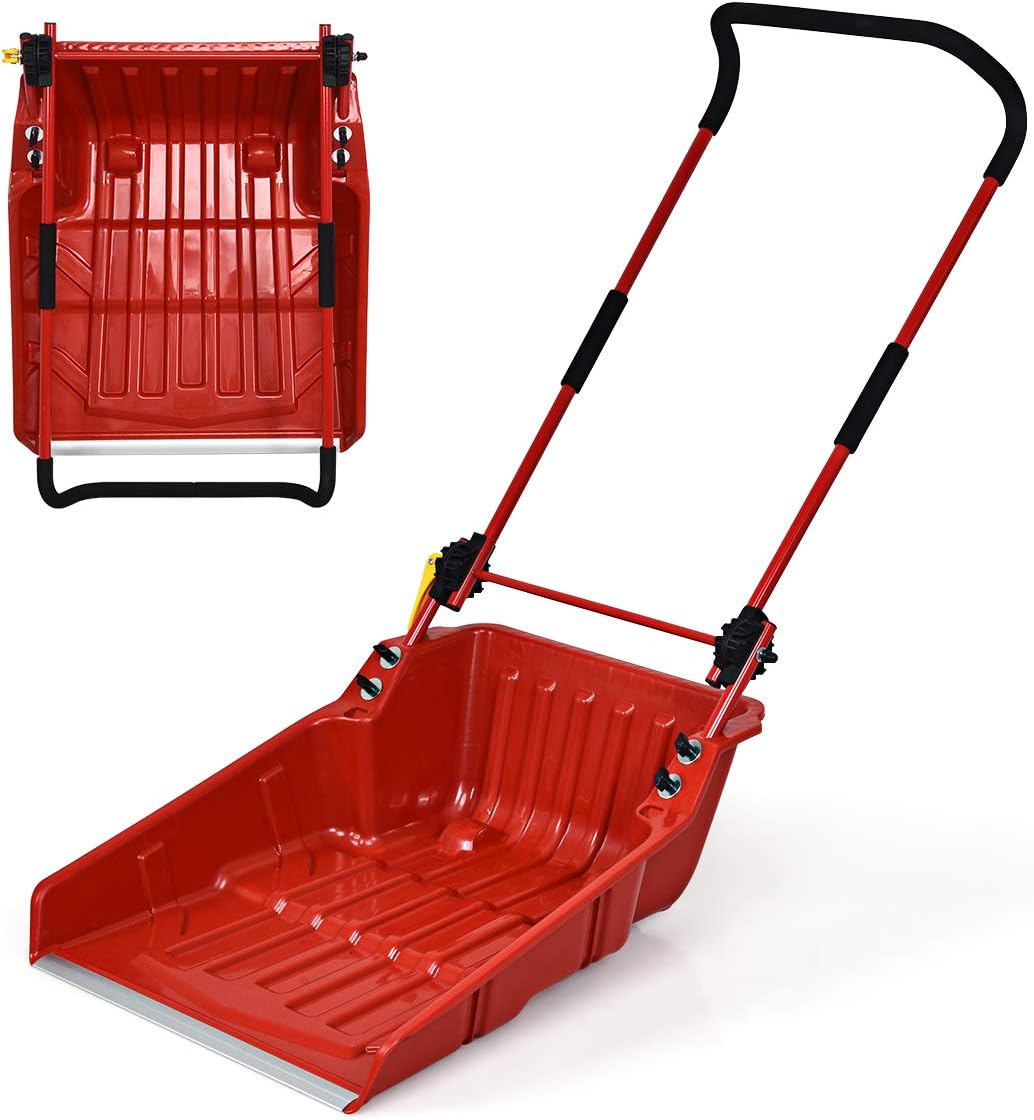 Goplus Snow Scoop, 26 x 24 Folding Snow Shovel, Sleigh Shovel with U-Handle & Wheels for Backyard Walkways Driveway, No Assembly Needed (Red)