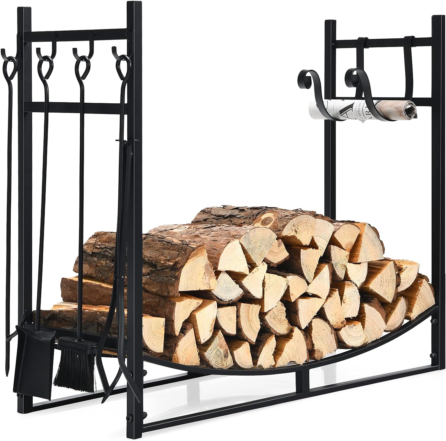 Goplus Firewood Rack with Tool Set, 36 Fireplace Log Holder W/Kindling Holders, Shovel, Poker, Tongs, Brush, Indoor & Outdoor Wood Stacker Lumbar Storage Organizer for Wood Stove, Fireside, Fire Pit