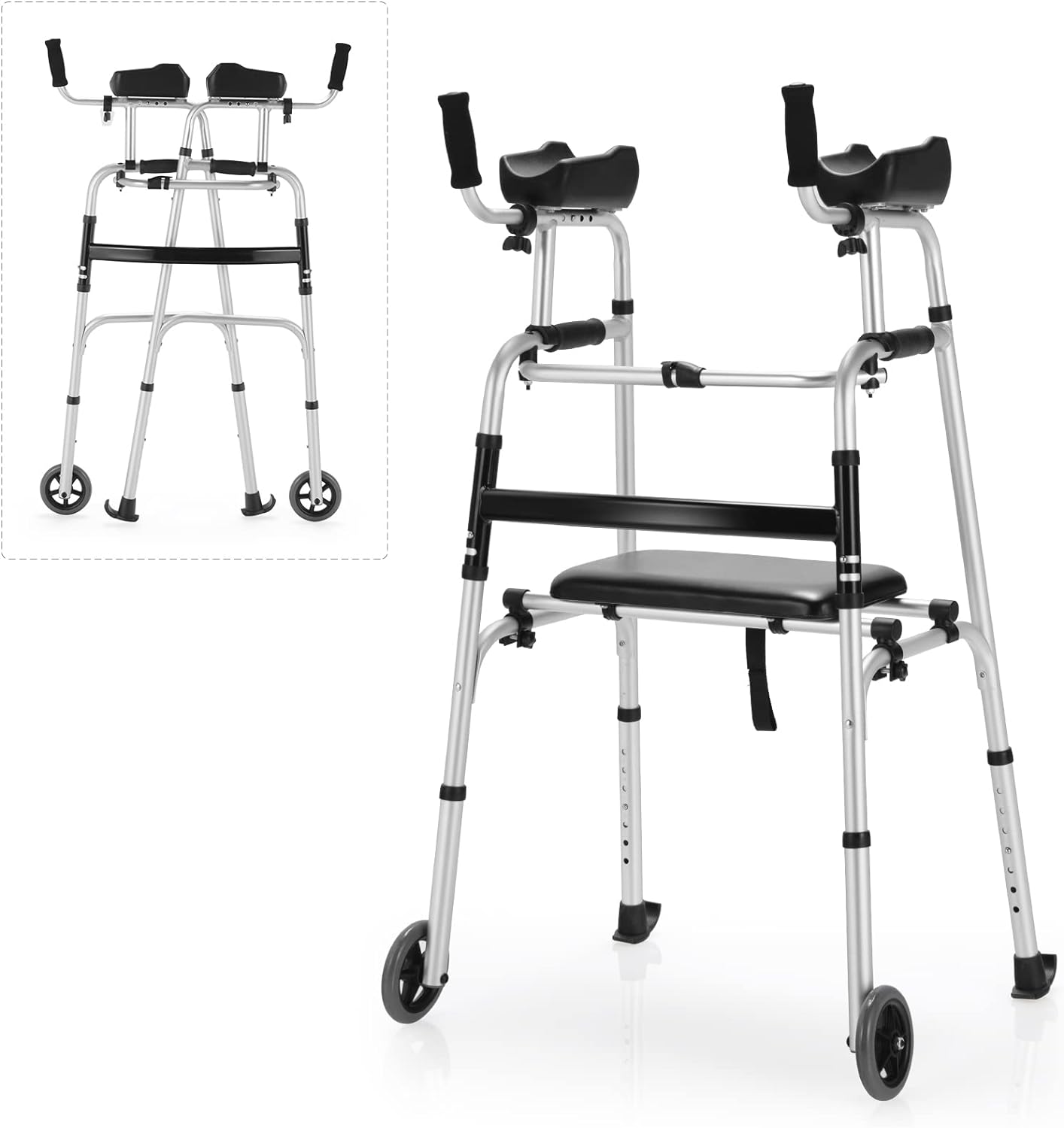 Goplus Folding Walker for Seniors, Lightweight Standard Walker with 5 Wheels, Seat and Arm Rest Pad, Height Adjustable Platform Walker, Standing & Walking Mobility Aid for Elderly Handicap Disabled