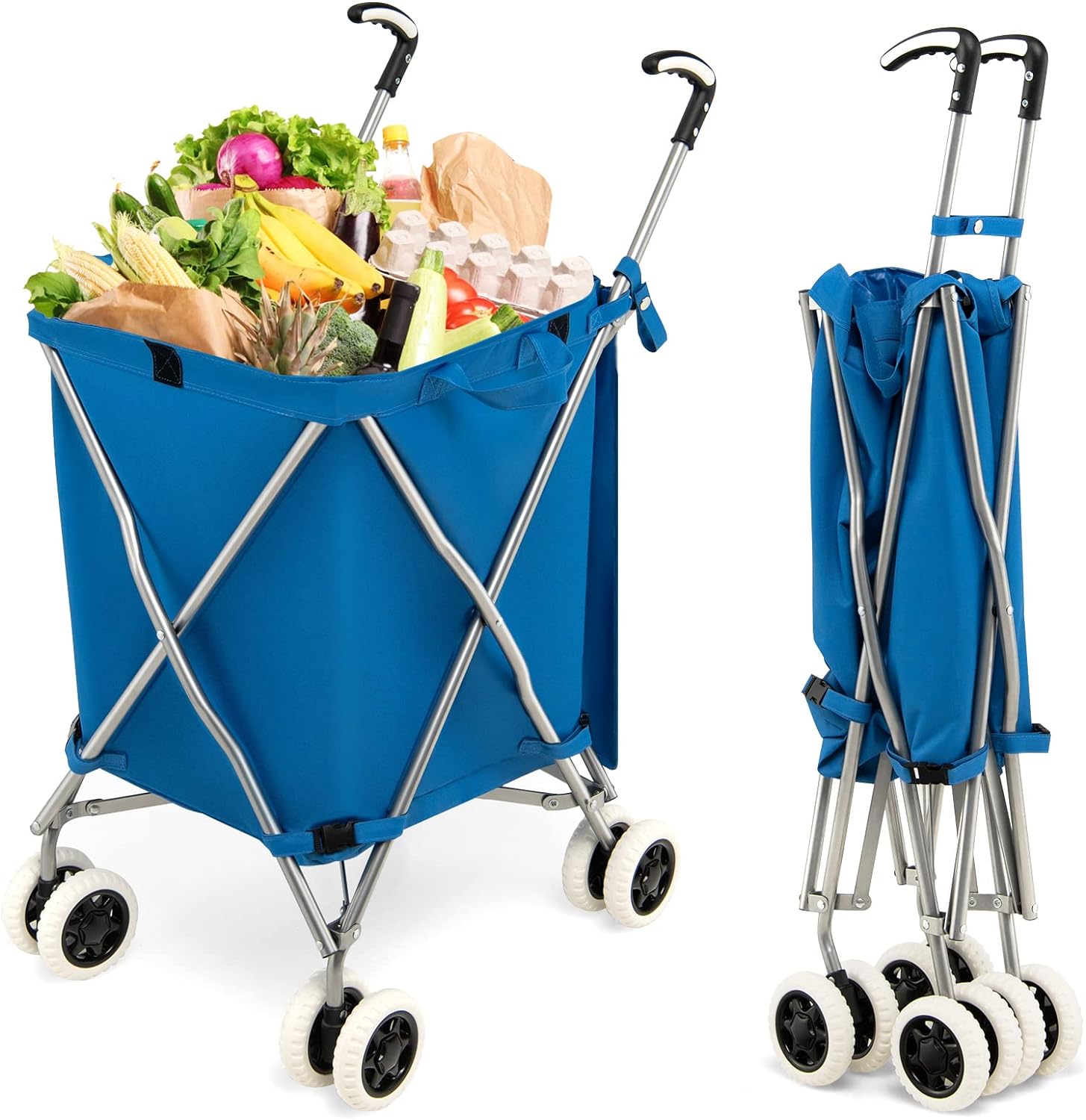 Goplus Folding Shopping Cart with Wheels, Grocery Cart with Removable Oxford Cloth Liner, Lightweight Utility Cart for Groceries Laundry Blue