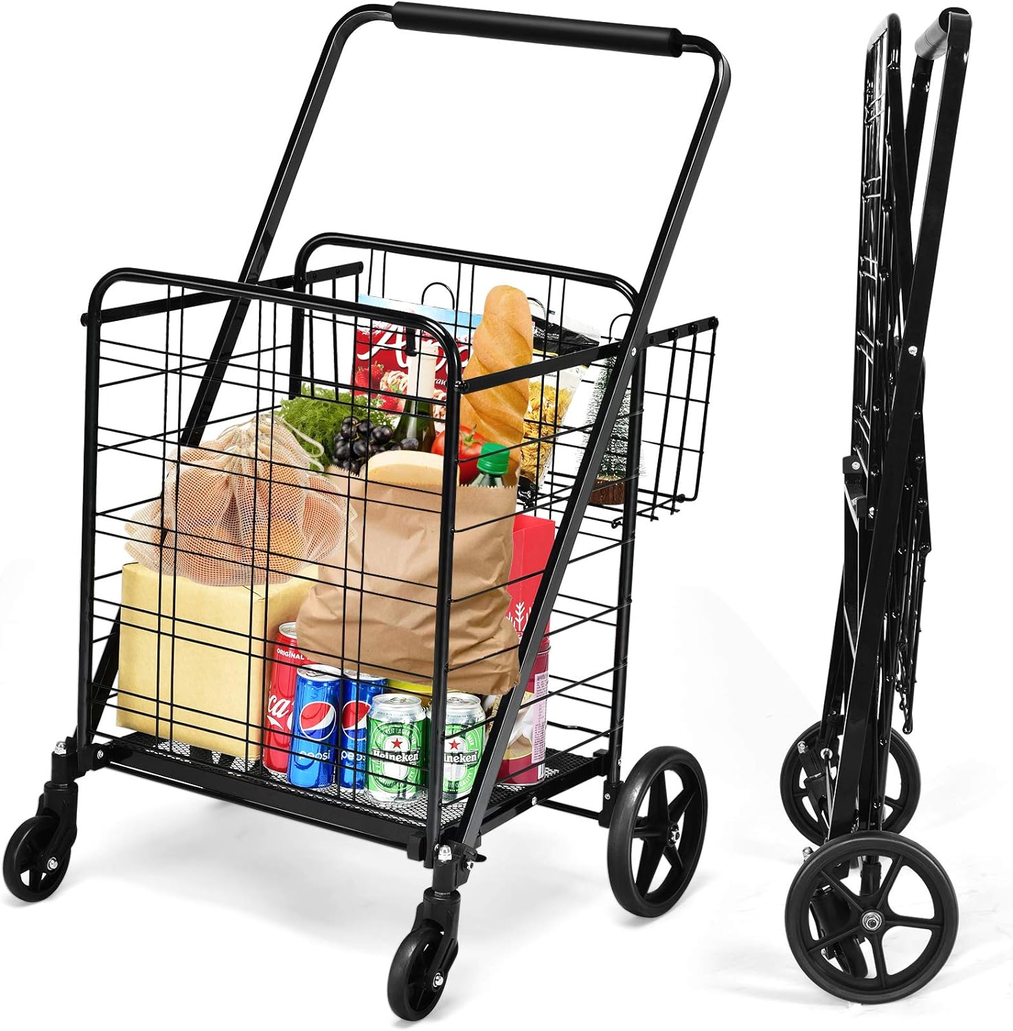 Goplus Folding Shopping Cart, Jumbo Double Basket Utility Grocery Cart 330lbs Capacity with 360 Rolling Swivel Wheels, Portable Heavy Duty Cart for Laundry Shopping Grocery