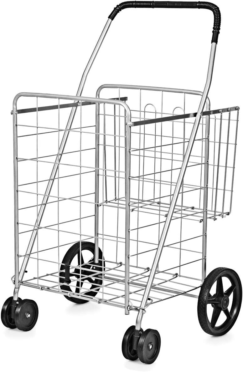 Goplus Jumbo Folding Shopping Cart with Rolling Swivel Wheels, Foldable Grocery Cart on Wheels with Double Basket, Heavy Duty Utility Cart, Shopping Carts for Groceries Laundry Book Luggage Travel