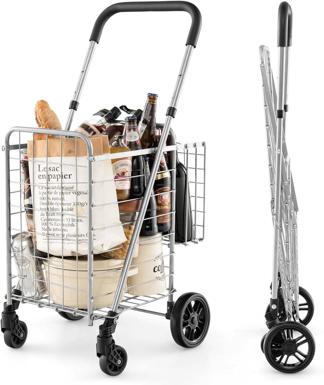 Goplus Folding Shopping Utility Cart, Double Basket and 360 Swivel Wheels, Adjustable Handle, Small Cart Perfect for Grocery Laundry Book Luggage Travel