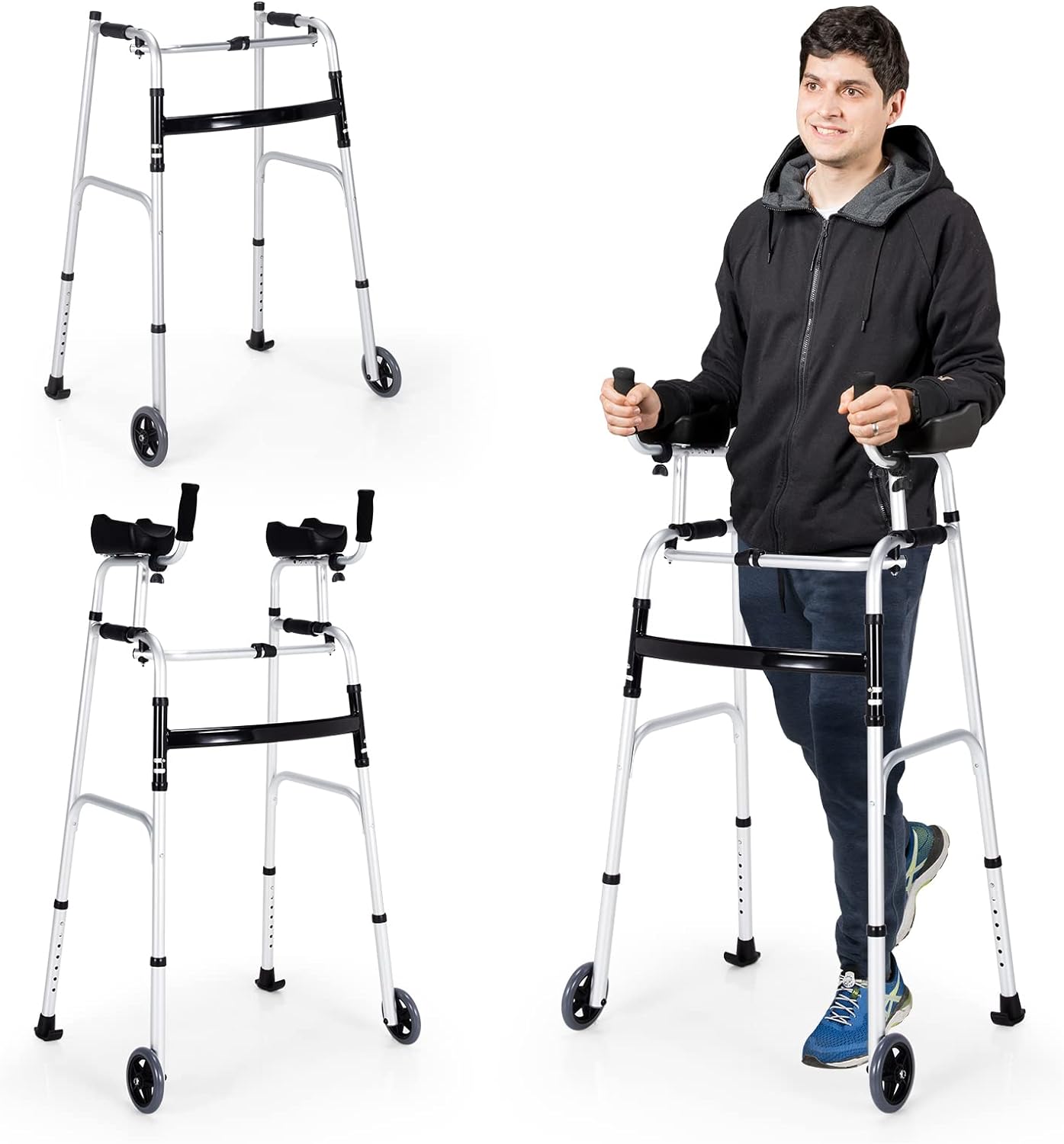 Goplus Walkers for Seniors, Foldable Standard Walker with 5 Wheels and Removable Padded Armrests 440lbs, Lightweight Walking Mobility Aid, Folding Platform Walker for Elderly, Handicap, Disabled