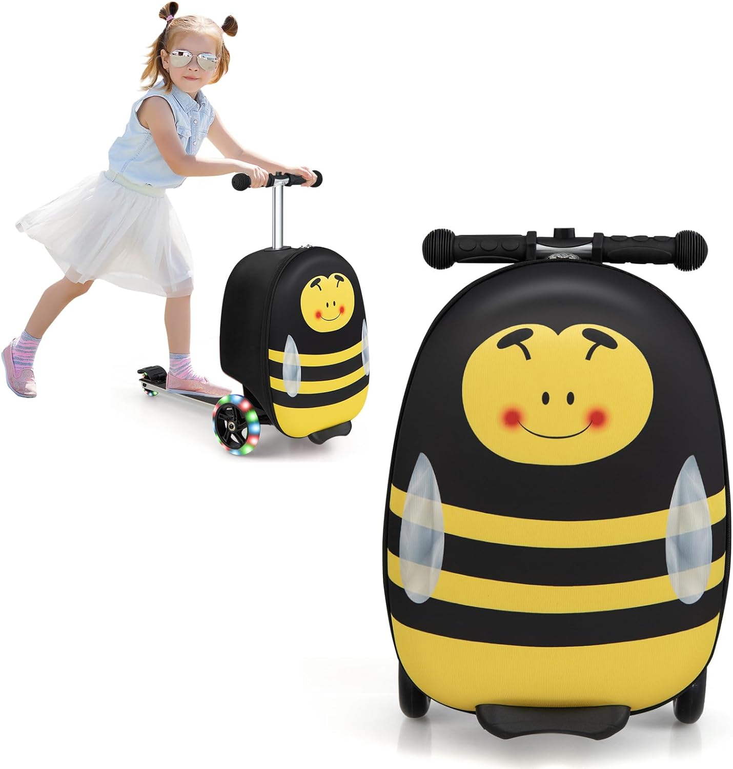 Goplus 2-in-1 Ride On Suitcase Scooter for Kids, 20 Carry on Luggage with LED Flashing Wheels, Waterproof Shell, Retractable Steering Handle, Lightweight Folding Scooter Boys Girls