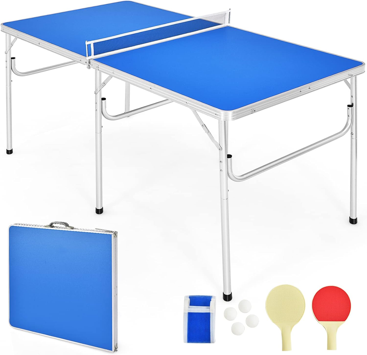 Goplus Foldable Ping Pong Table, 100% Preassembled, Portable Table Tennis Table Game Set with Net, 2 Table Tennis Paddles and Ping Pong Balls for Indoor Outdoor Use