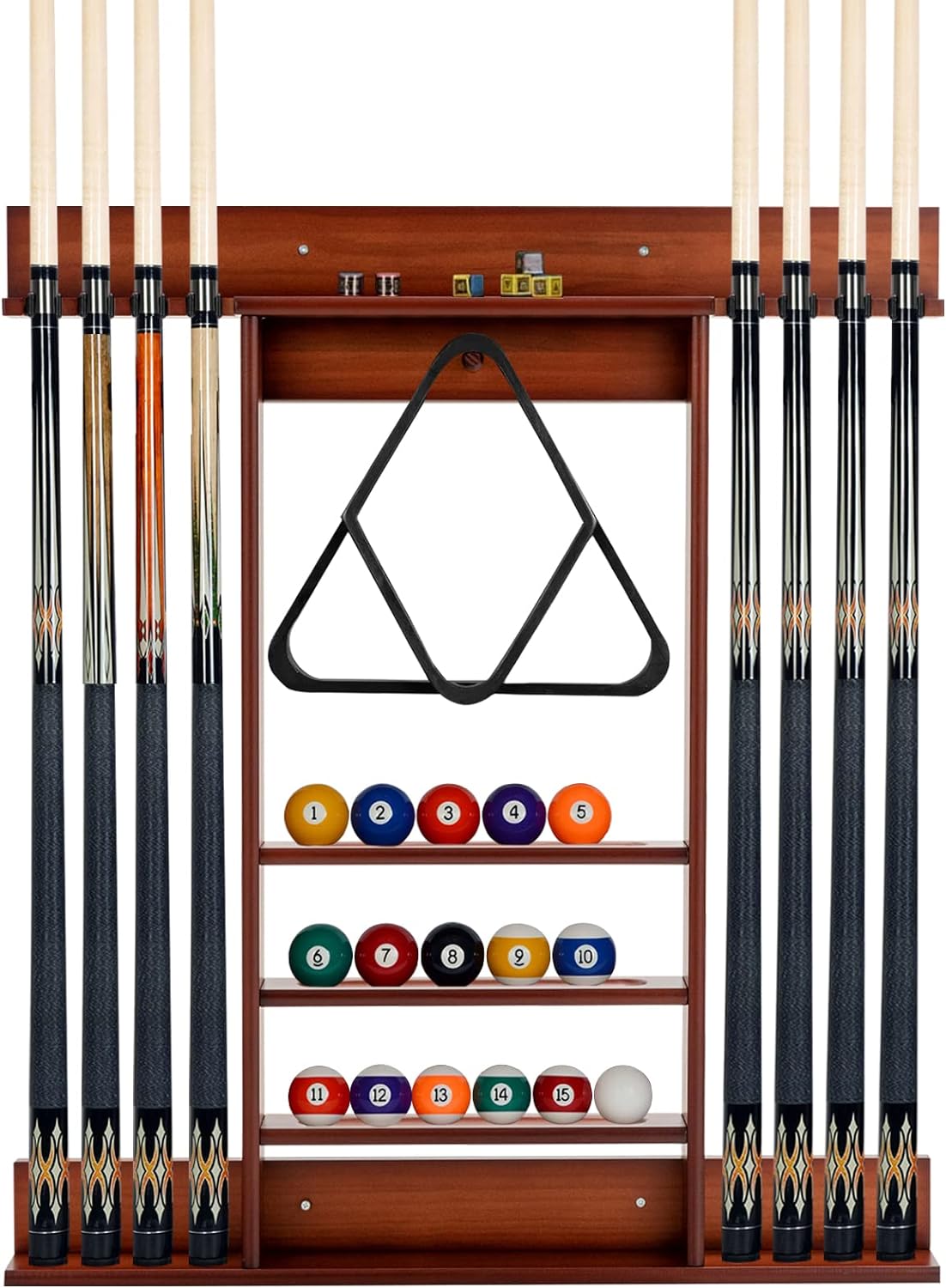 Goplus Pool Cue Rack, Wall Mounted Billiard Stick Holder, Made of Solid Pine Wood, Holds 8 Cues & Full Ball Set & 1 Ball Rack, Compact Billiards Accessories for Billiard Room, Club, Bar (Brown)