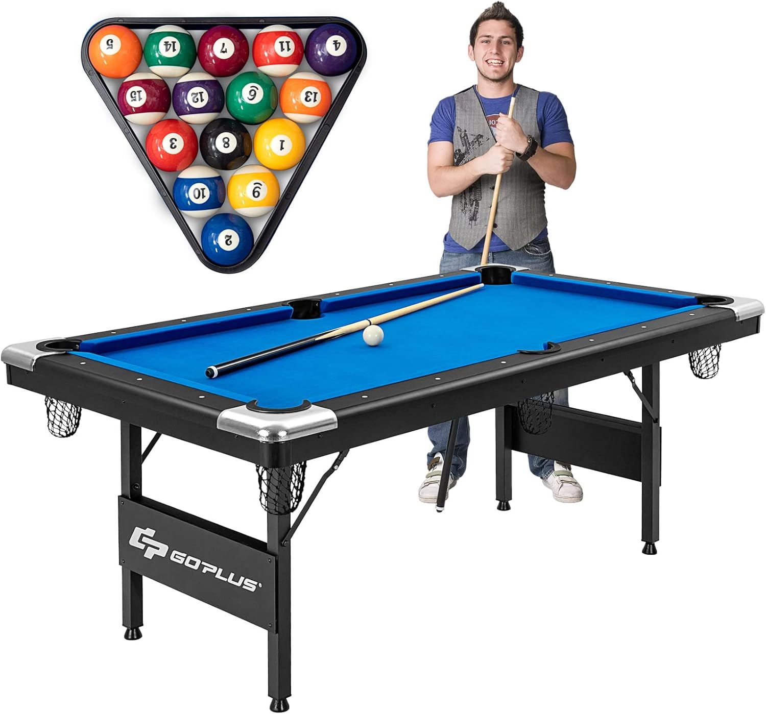 Goplus 6 FT Folding Pool Table, 76 Inch Portable Billiard Tables for Adults W/Foldable & Locking Legs, Adjustable Feet, Full Accessory Kit of 2 Cues, 16 Billiard Balls, Triangle, Brush, Chalk