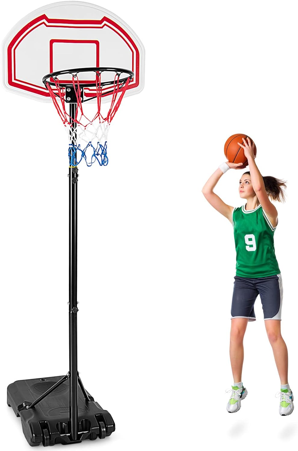 Goplus Portable Basketball Hoop, 6.4-8.7 FT Height Adjustable Basketball System with 2 Nets, Fillable Base, 2 Built-in Wheels, 29 Backboard & 16 Rim, All Weather Basketball Stand for Outdoor Use