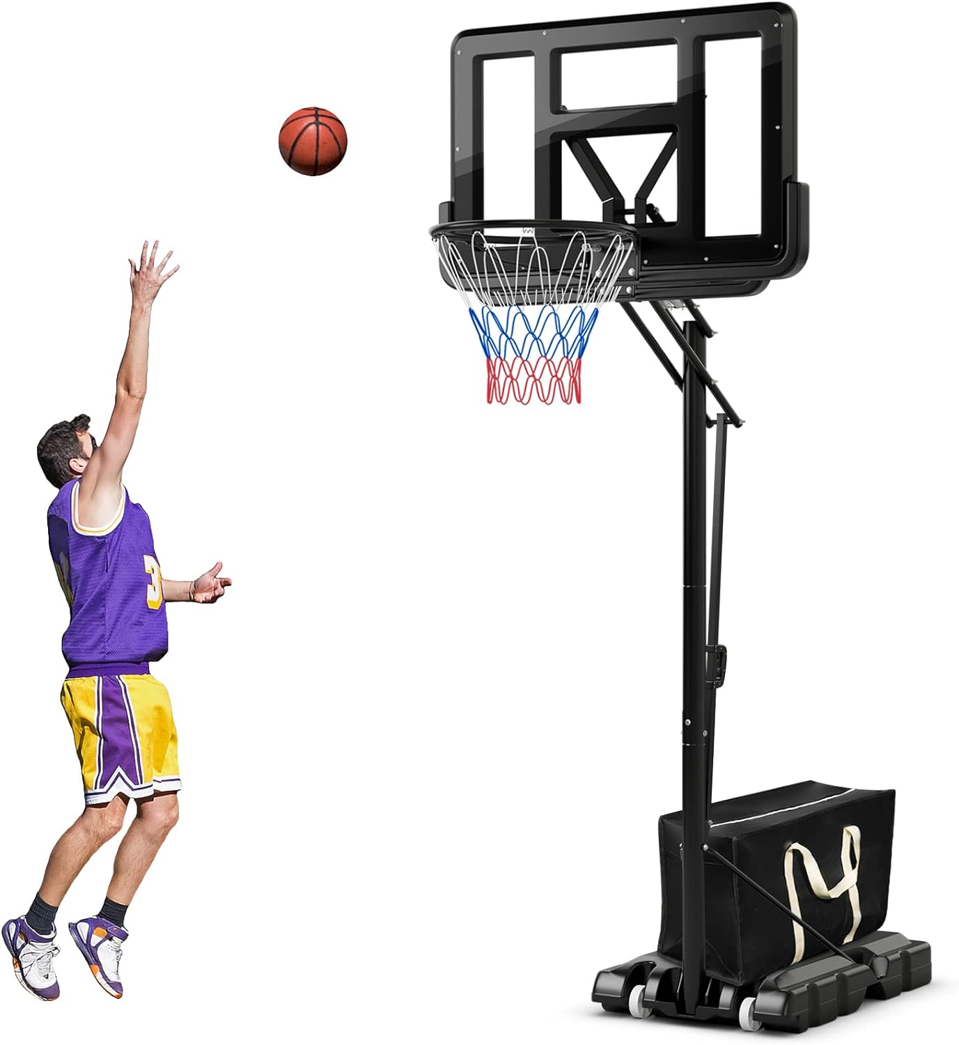 Goplus Portable Basketball Hoop, 8FT to 10FT 5-Level Height Adjustable Basketball Goal Stand w/ 44 Inch Backboard, Fillable Base, 2 Wheels & Weight Bag for Indoor Outdoor Kids Youth Adults Use