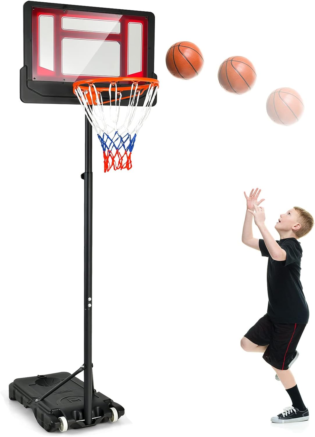 Goplus Portable Basketball Hoop, Basketball Goal with 4.3 FT-8.2 FT Adjustable Height, Ball Storage, Indoor Outdoor Weather-Resistance Basketball Hoop System for Kids Youth Outside Backyard, Driveway