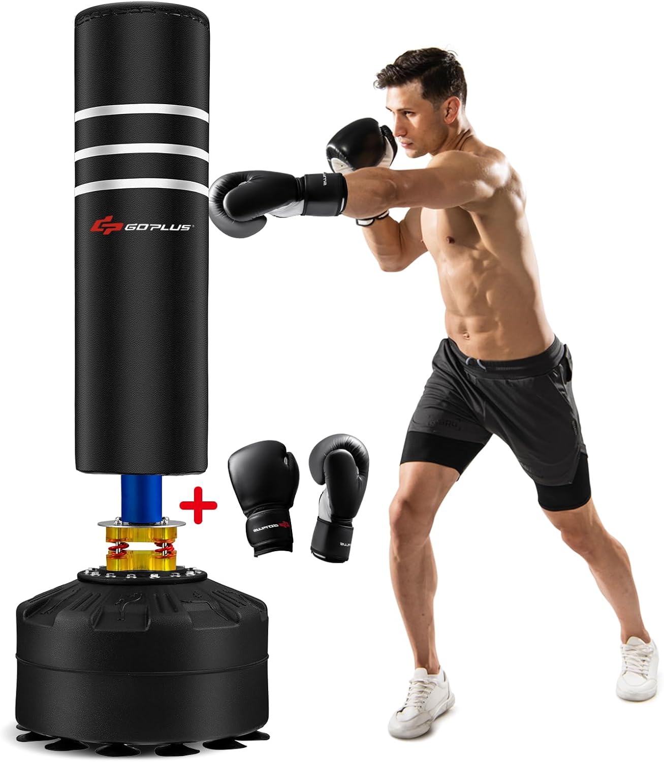 Goplus Freestanding Punching Bag 70, 220lbs Heavy Boxing Bag with Gloves, Shock Absorber, 12 Suction Cup Base, Punching Bag with Stand for Adult Youth Men Women, Free Stand Kickboxing Bag for Home