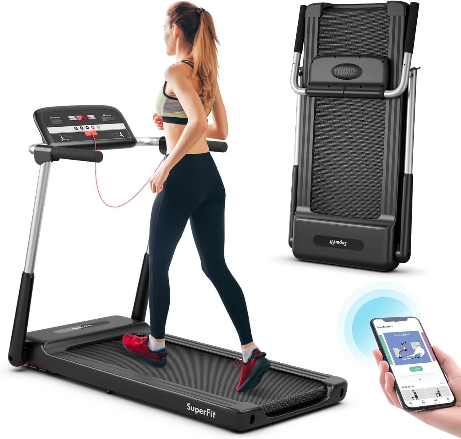 Goplus 2.25HP Folding Treadmill, Compact Superfit Treadmill with LED Display and APP Control, Portable Walking Jogging Running Machine for Home Apartment Office Black