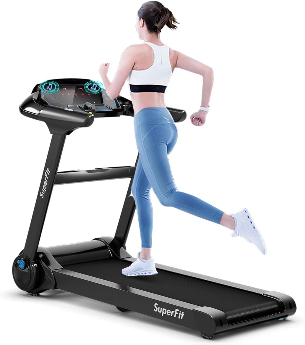 Goplus Folding Treadmill, Superfit Electric Portable Treadmill with Blue Tooth Speaker, APP Control and 16.5'' Wide Tread Belt, Running Jogging Machine for Home and Office Use