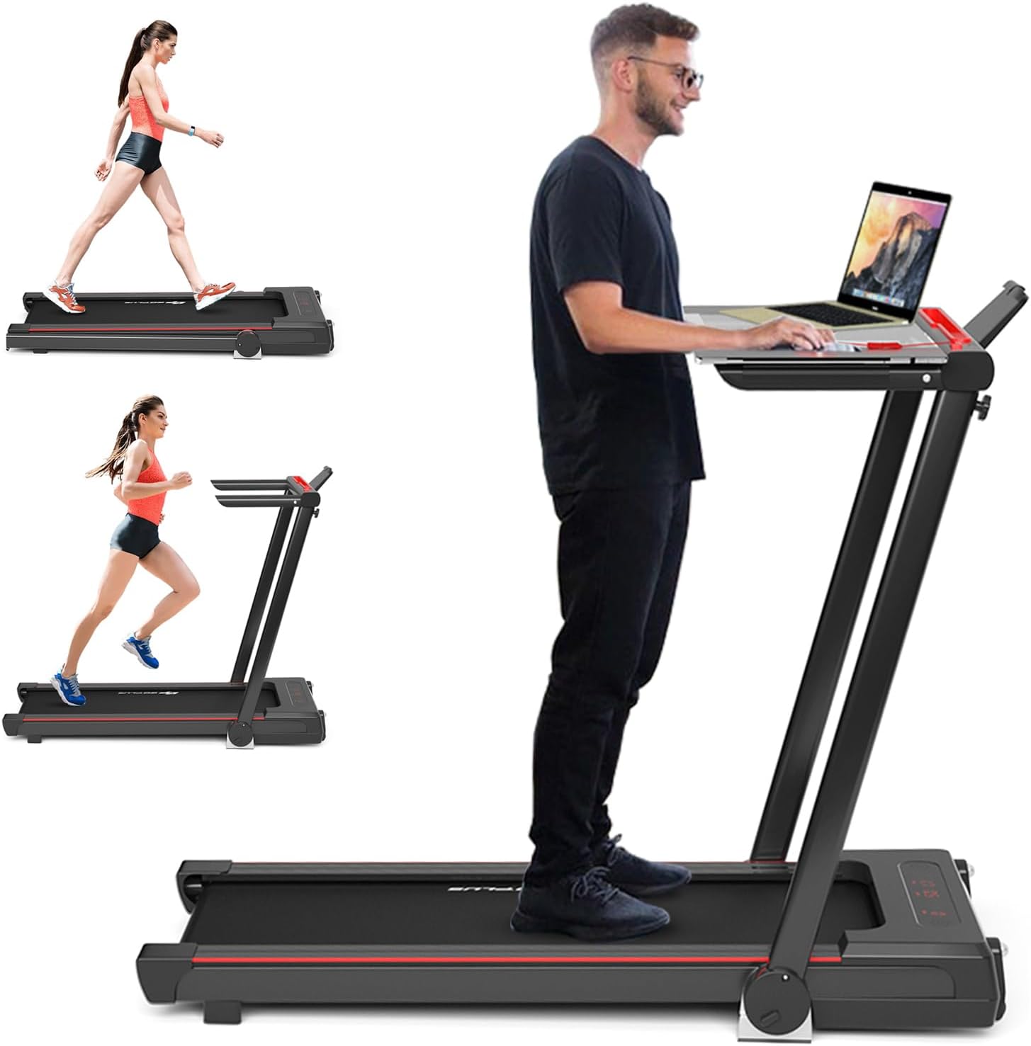 Goplus 3-in-1 Treadmill with Large Desk, 2.25HP Folding Electric Treadmills, LED Display, Remote Control, Blue Tooth Speakers, Walking Jogging Machine for Home/Office Use