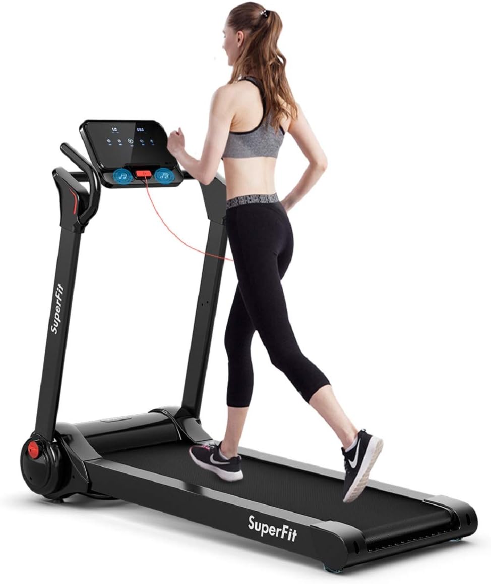 Goplus 2.25HP Electric Folding Treadmill, Installation-Free Design with 8-Stage Damping System, Large LED Touch Display and Blue Tooth Speaker, Compact Running Machine, Superfit Treadmill for Home Use