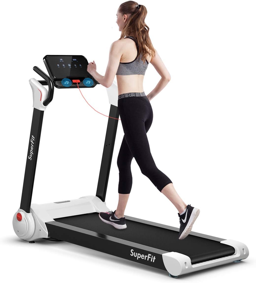 Goplus 2.25HP Electric Folding Treadmill, Installation-Free Design with 8-Stage Damping System, Large LED Touch Display and Blue Tooth Speaker, Compact Running Machine, Superfit Treadmill for Home Use