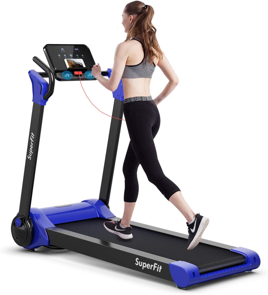 Goplus 2.25HP Electric Folding Treadmill, Installation-Free Design with 8-Stage Damping System, Large LED Touch Display and Blue Tooth Speaker, Compact Running Machine, Superfit Treadmill for Home Use