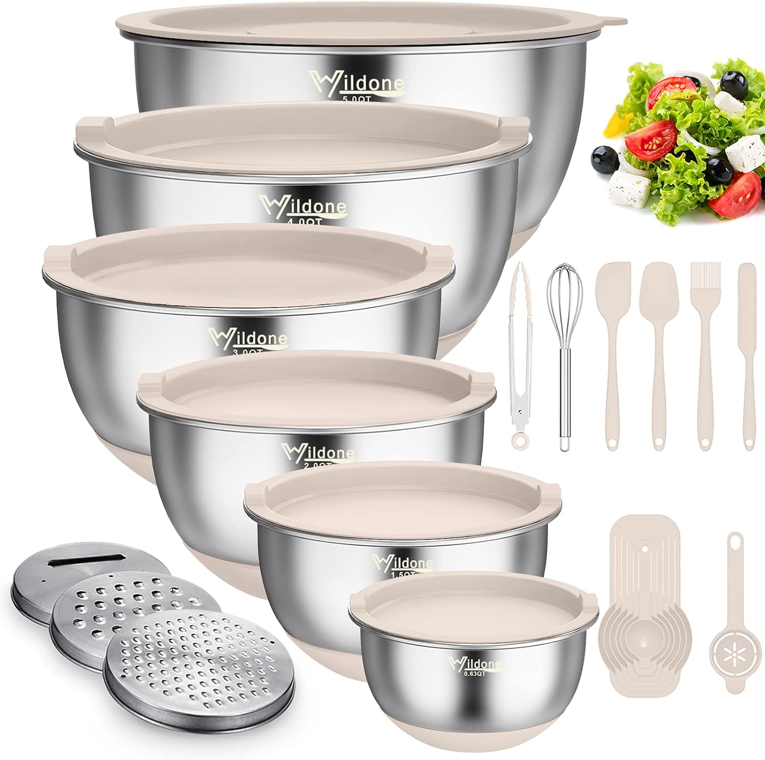 Wildone Mixing Bowls with Airtight Lids, 22 PCS Stainless Steel Nesting Bowls, with 3 Grater Attachments, Scale Marks & Non-Slip Bottom, Size 5, 4, 3, 2,1.5, 0.63QT, Ideal for Mixing & Prepping