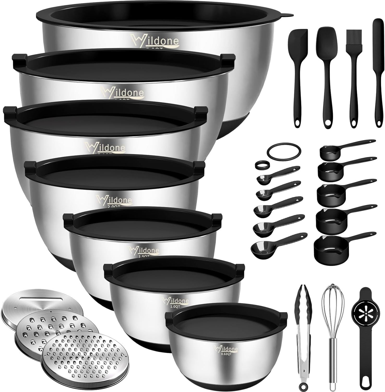 Wildone Mixing Bowls with Airtight Lids, 27 PCS Stainless Steel Nesting Bowls, with 3 Grater Attachments, Scale Mark & Non-Slip Bottom, Size 5, 4, 3, 2, 1.5, 1, 0.63QT, Ideal for Mixing & Prepping