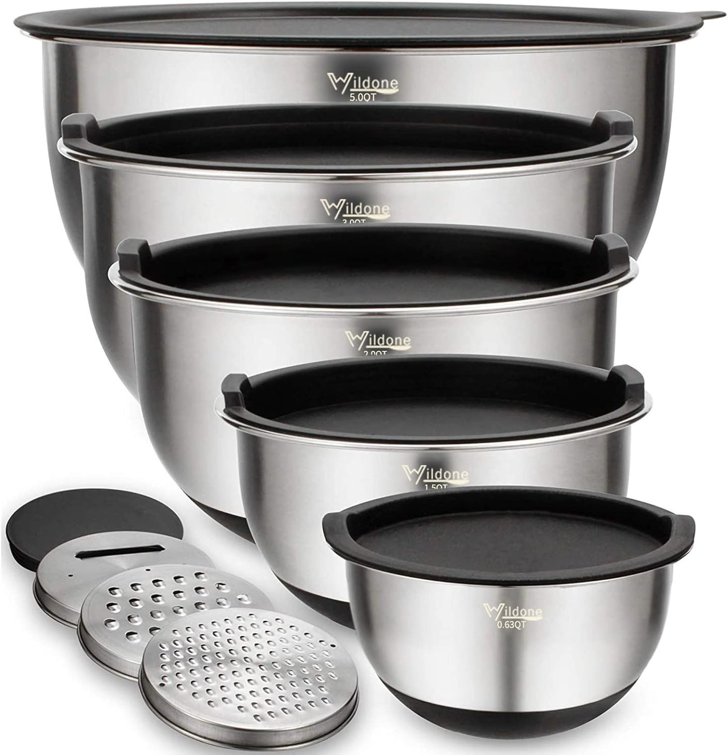 Wildone Mixing Bowls Set of 5, Stainless Steel Nesting Bowls with Lids, 3 Grater Attachments, Measurement Marks & Non-Slip Bottoms, Size 5, 3, 2, 1.5, 0.63 QT, Great for Mixing & Serving