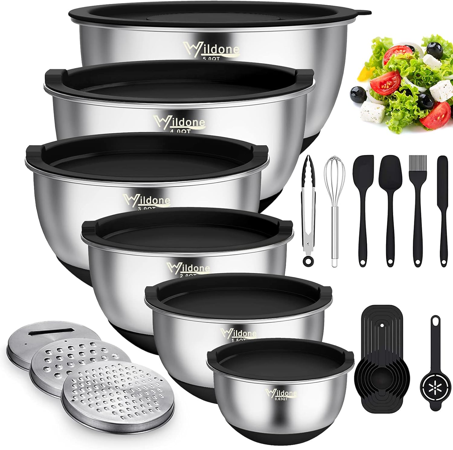 Wildone Mixing Bowls with Airtight Lids, 22 PCS Stainless Steel Nesting Bowls, with 3 Grater Attachments, Scale Marks & Non-Slip Bottom, Size 5, 4, 3, 2,1.5, 0.63QT, Ideal for Mixing & Prepping