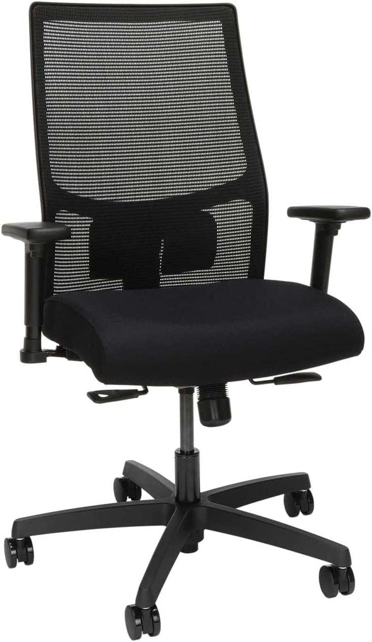 HON Office Chair Ignition 2.0 - Ergonomic Computer Desk Chair with Mesh Back, Seat-Slide, Syncro Tilt Recline, Adjustable Lumbar Support & Armrests, Comfortable Cushion, Swivel Rolling Wheels - Black