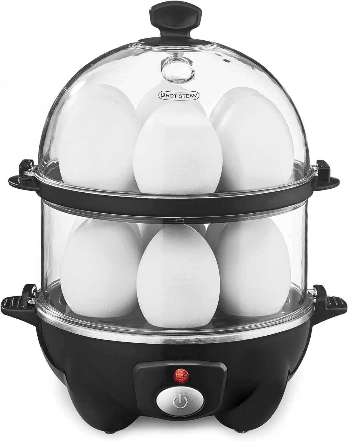 BELLA Double Tier Egg Cooker, Boiler, Rapid Maker & Poacher, Meal Prep for Week, Family Sized Meals: Up To 12 Large Boiled Eggs, Dishwasher Safe, Poaching and Omelet Trays Included, One, Black