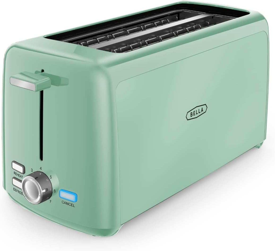BELLA 4 Slice Toaster, Long Slot & Removable Crumb Tray, 7 Shading Options with Auto Shut Off, Cancel & Reheat Button, Toast Bread & Bagel, Sage