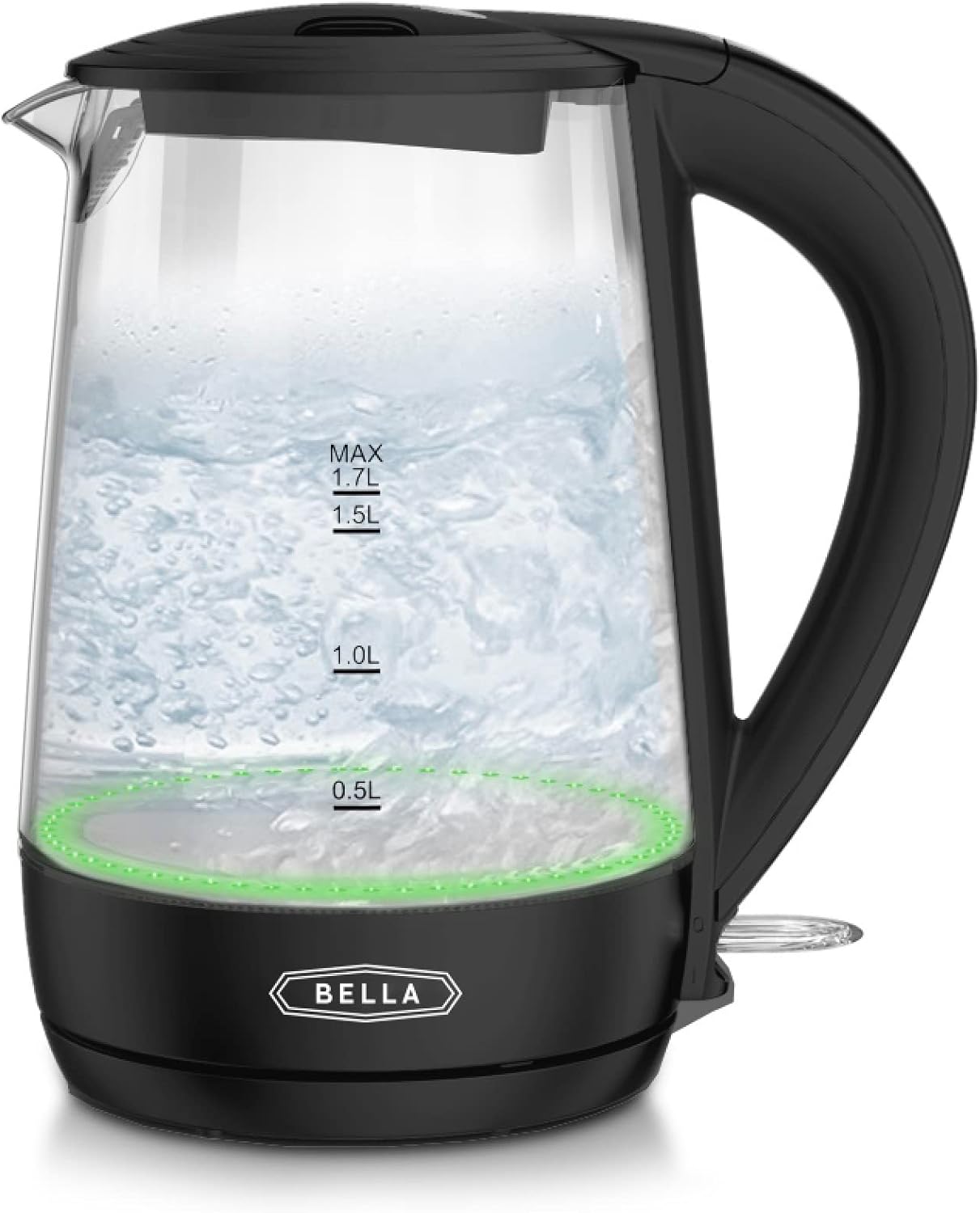 BELLA 1.7 Liter Glass Electric Kettle, Quickly Boil 7 Cups of Water in 6-7 Minutes, Soft Green LED Lights Illuminate While Boiling, Cordless Portable Water Heater, Carefree Auto Shut-Off, Black