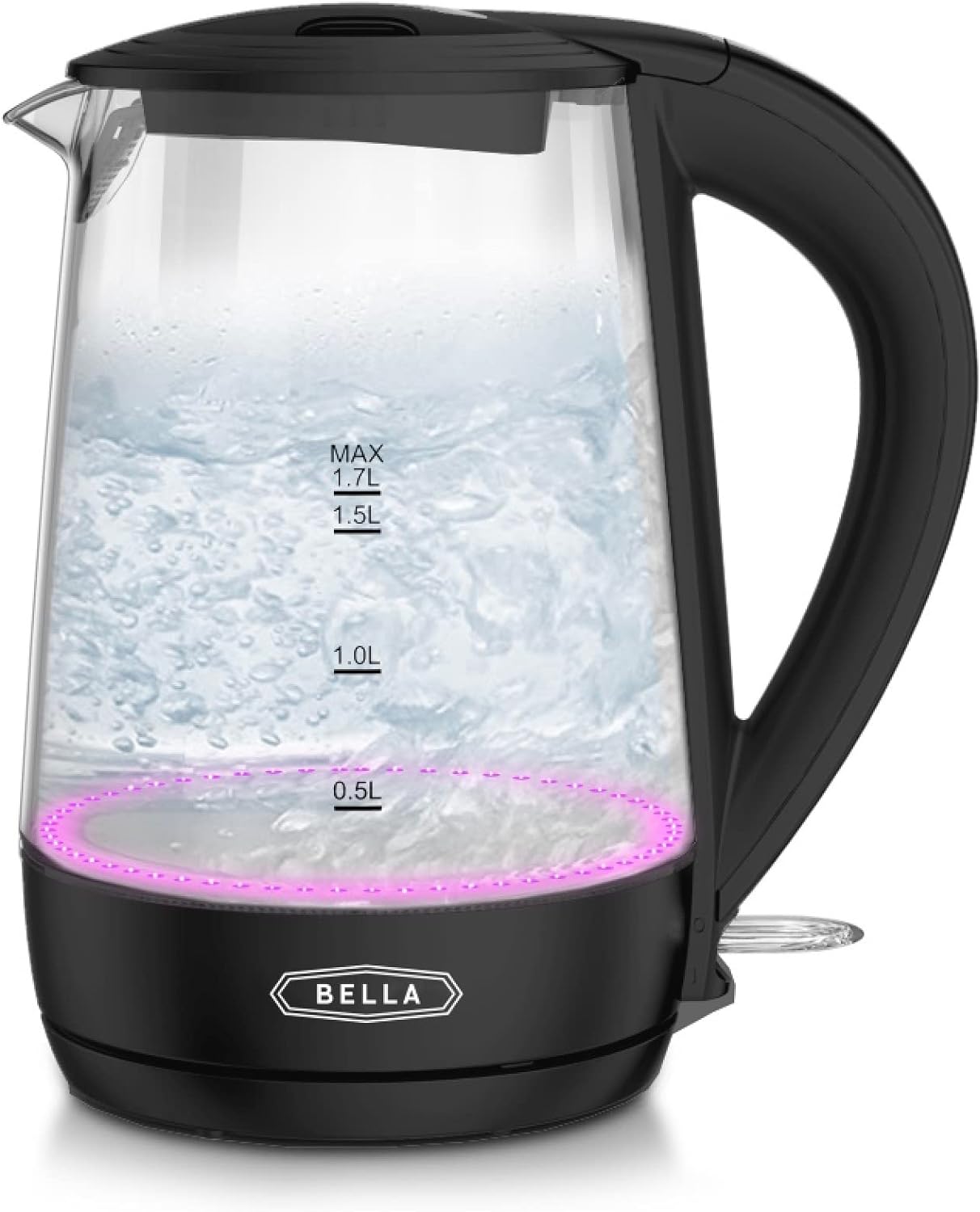 BELLA 1.7 Liter Glass Electric Kettle, Quickly Boil 7 Cups of Water in 6-7 Minutes, Soft Pink LED Lights Illuminate While Boiling, Cordless Portable Water Heater, Carefree Auto Shut-Off, Black
