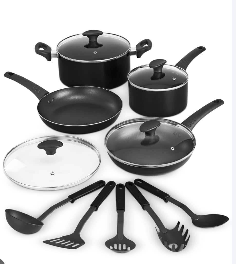 BELLA Cookware Set, 12 Piece Pots and Pans with Utensils, Nonstick Scratch Resistant Cooking Surface Compatible with All Stoves, Nylon and Aluminum, Black
