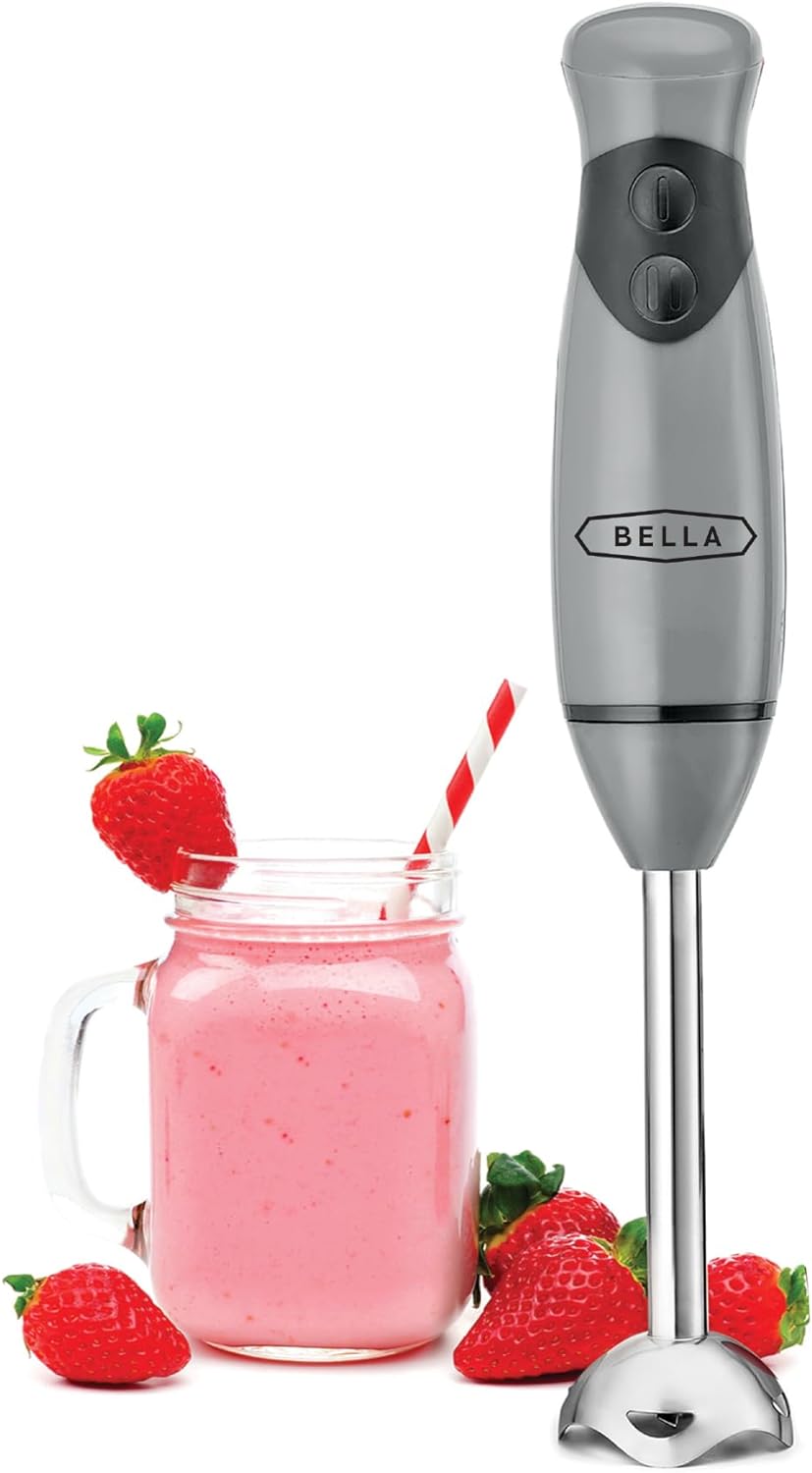BELLA Immersion Hand Blender, Portable Mixer with Whisk Attachment - Electric Handheld Juicer, Shakes, Baby Food and Smoothie Maker, Stainless Steel, Grey