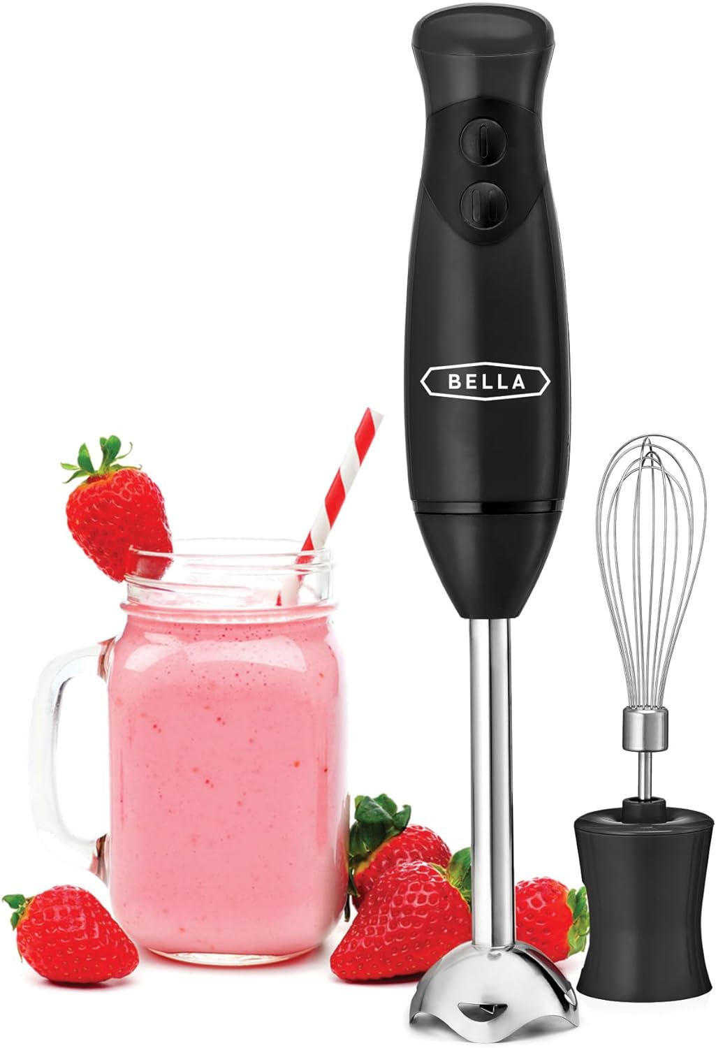 BELLA Immersion Hand Blender, Portable Mixer with Whisk Attachment - Electric Handheld Juicer, Shakes, Baby Food and Smoothie Maker, Stainless Steel, Black