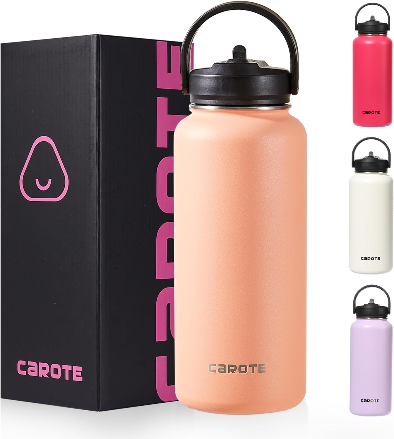 CAROTE Insulated Water Bottles, Water Bottle with Lid and Straw, Wide Mouth Water Bottle with Flex Cap, 32Oz, Grapefruit