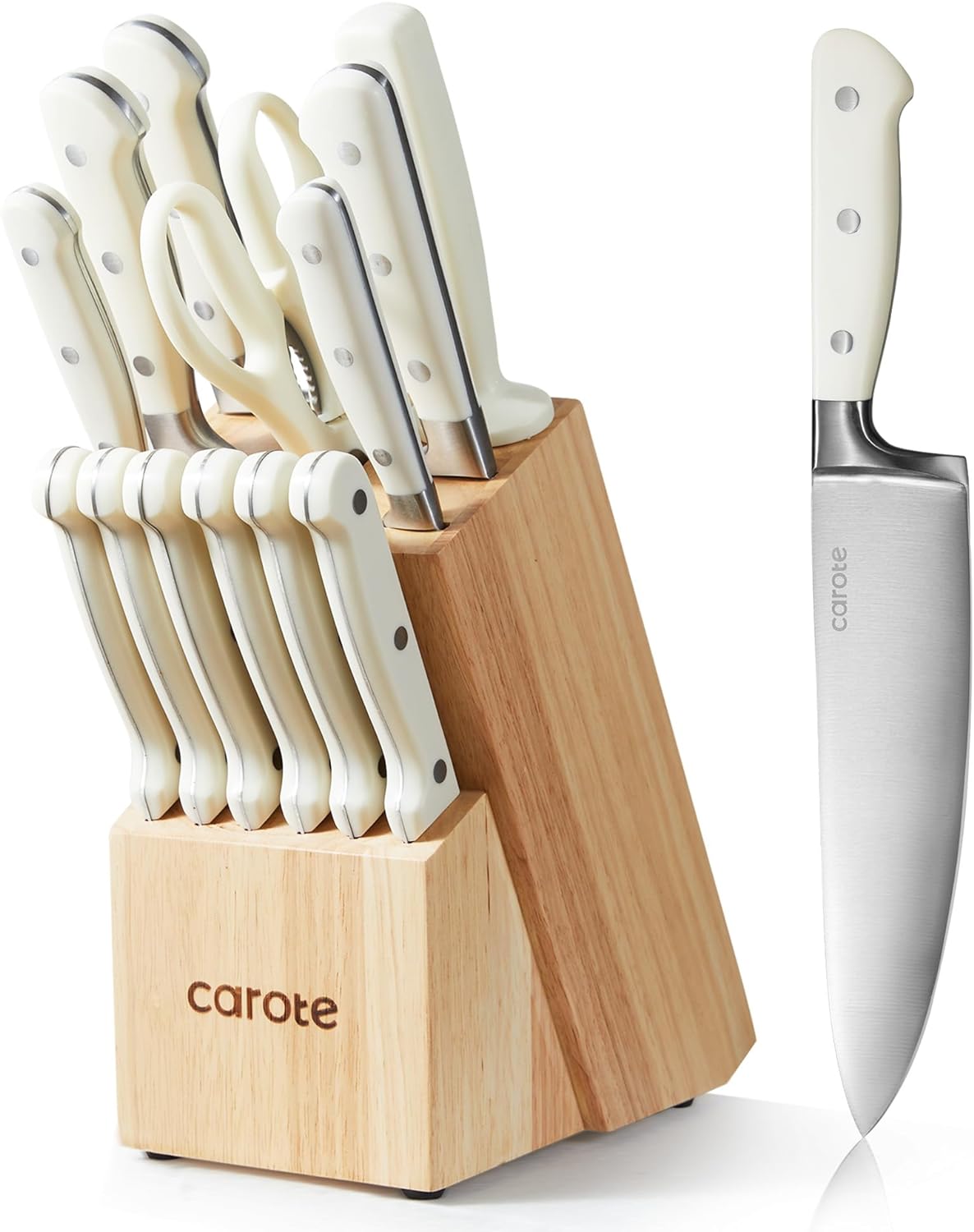 CAROTE 14 Pieces Knife Set with Wooden Block Stainless Steel Knives Dishwasher Safe with Sharp Blade Ergonomic Handle Forged Triple Rivet-Pearl White