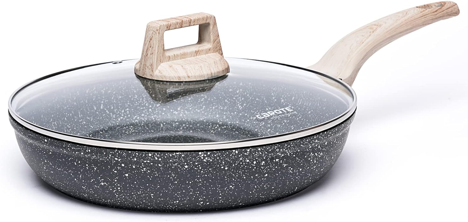 CAROTE Nonstick Frying Pan Skillet,8 Non Stick Granite Fry Pan with Glass Lid, Egg Pan Omelet Pans, Stone Cookware Chef' Pan, PFOA Free (Classic Granite, 8-Inch)