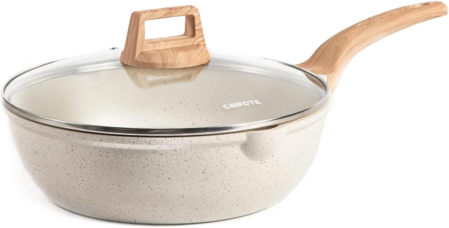 CAROTE 12Inch Nonstick Deep Frying Pan with Lid, 5.5 Qt Jumbo Cooker Saute Pan with Pour Spout, Skillet Induction Cookware, Non Stick Cooking Pan Kitchen Pan PFOA Free, White Granite